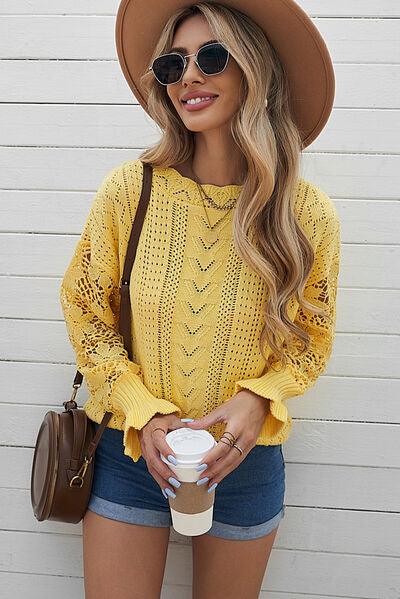 Openwork Lantern Sleeve Sweater in 12 Colors - Olive Ave