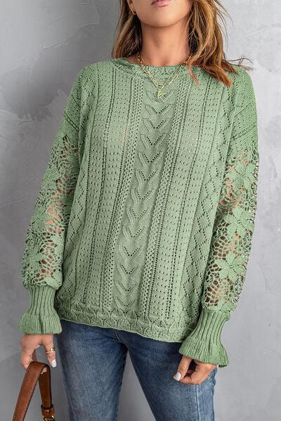 Openwork Lantern Sleeve Sweater in 12 Colors - Olive Ave