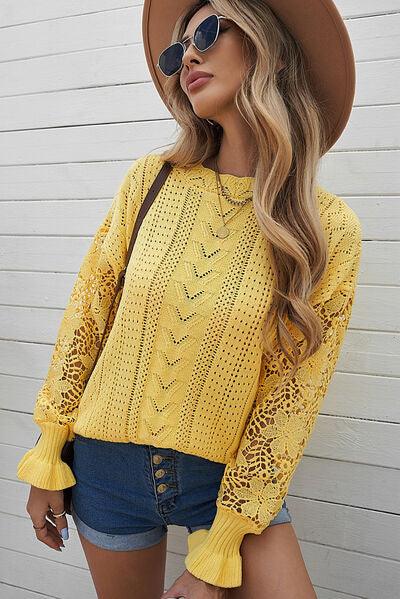 Openwork Lantern Sleeve Sweater in 12 Colors - Olive Ave