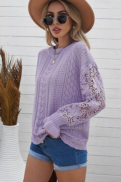 Openwork Lantern Sleeve Sweater in 12 Colors - Olive Ave