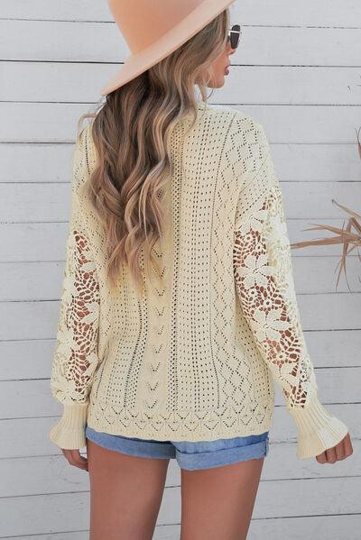 Openwork Lantern Sleeve Sweater in 12 Colors - Olive Ave