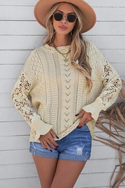 Openwork Lantern Sleeve Sweater in 12 Colors - Olive Ave