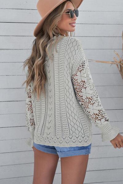 Openwork Lantern Sleeve Sweater in 12 Colors - Olive Ave