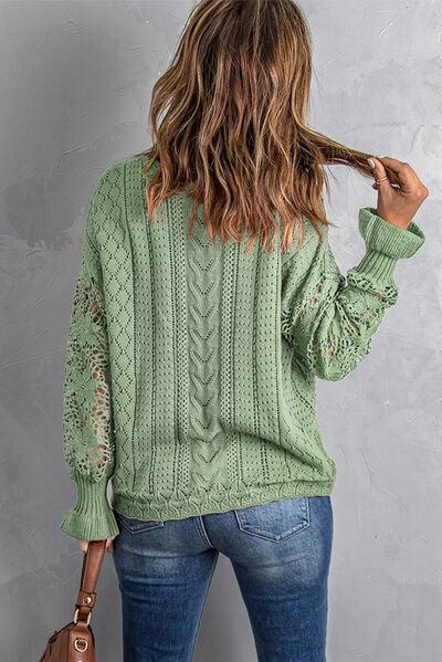 Openwork Lantern Sleeve Sweater in 12 Colors - Olive Ave