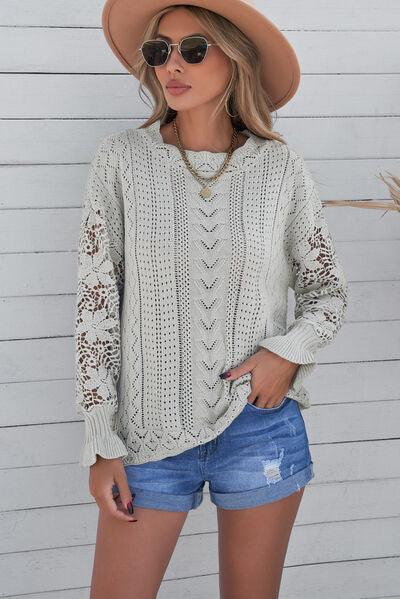 Openwork Lantern Sleeve Sweater in 12 Colors - Olive Ave