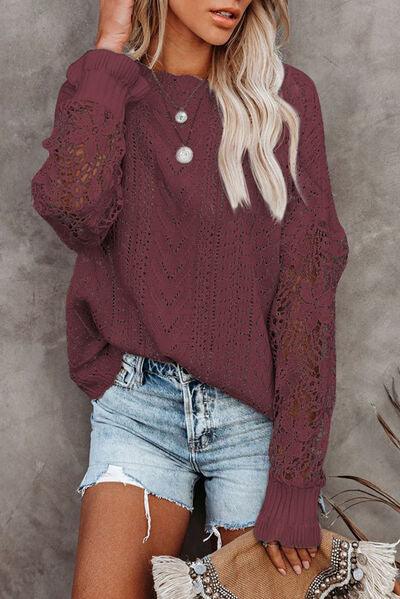 Openwork Lantern Sleeve Sweater in 12 Colors - Olive Ave