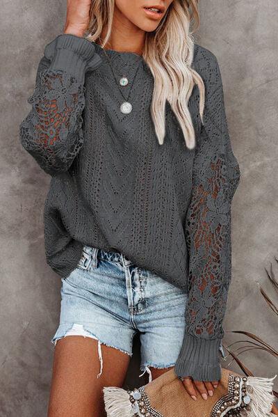 Openwork Lantern Sleeve Sweater in 12 Colors - Olive Ave