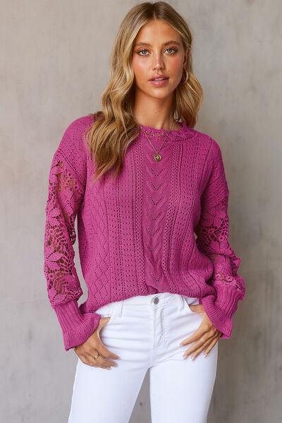 Openwork Lantern Sleeve Sweater in 12 Colors - Olive Ave