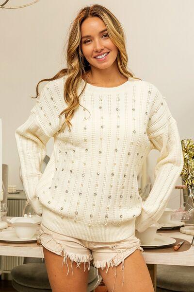 Pearl & Rhinestone Long Sleeve Sweater - Olive Ave