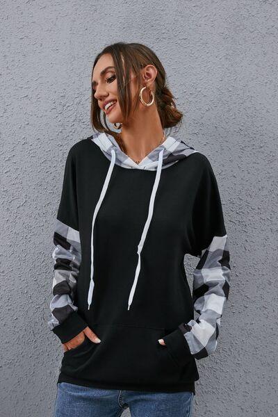 Plaid Drawstring Dropped Shoulder Hoodie - Olive Ave