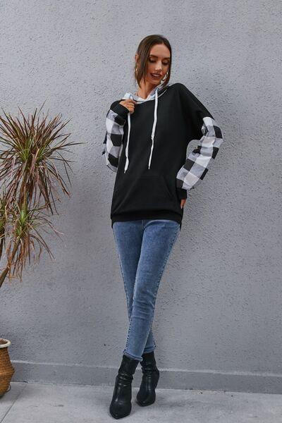 Plaid Drawstring Dropped Shoulder Hoodie - Olive Ave