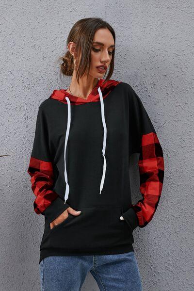 Plaid Drawstring Dropped Shoulder Hoodie - Olive Ave