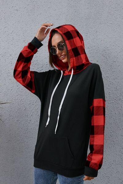 Plaid Drawstring Dropped Shoulder Hoodie - Olive Ave