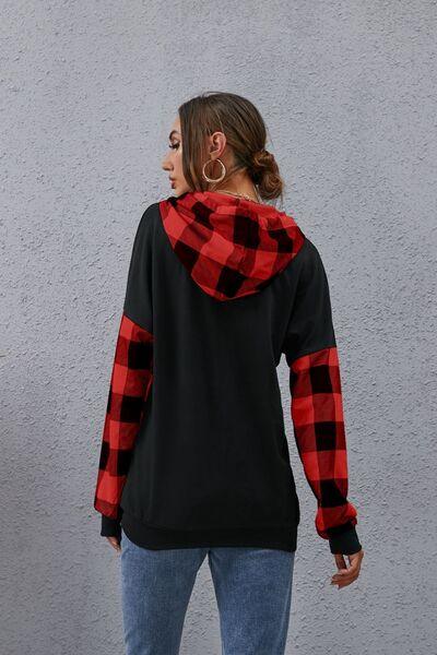 Plaid Drawstring Dropped Shoulder Hoodie - Olive Ave