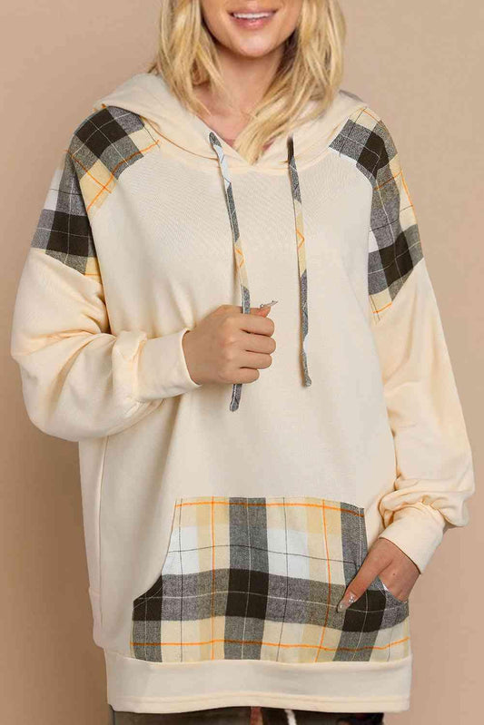 Plaid Drawstring Hoodie with Pocket - Olive Ave