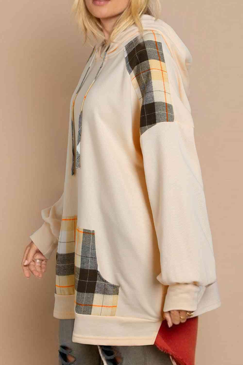 Plaid Drawstring Hoodie with Pocket - Olive Ave