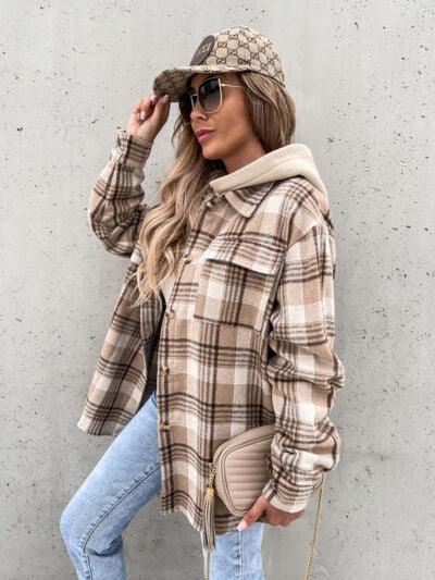 Plaid Dropped Shoulder Hooded Jacket - Olive Ave