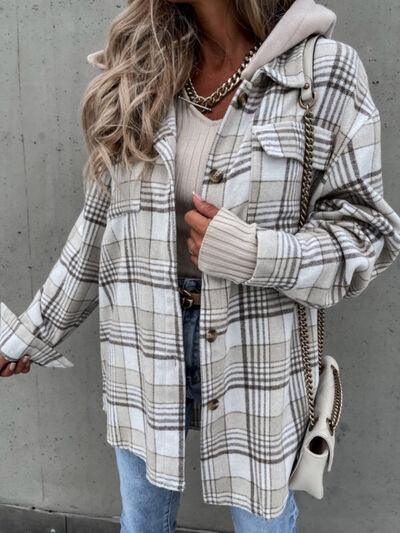 Plaid Dropped Shoulder Hooded Jacket - Olive Ave