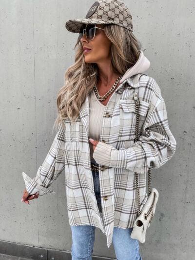 Plaid Dropped Shoulder Hooded Jacket - Olive Ave