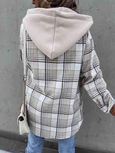 Plaid Dropped Shoulder Hooded Jacket - Olive Ave