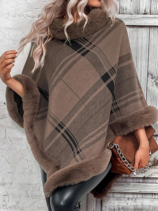 Plaid Faux Fur Trim Poncho - Olive Ave