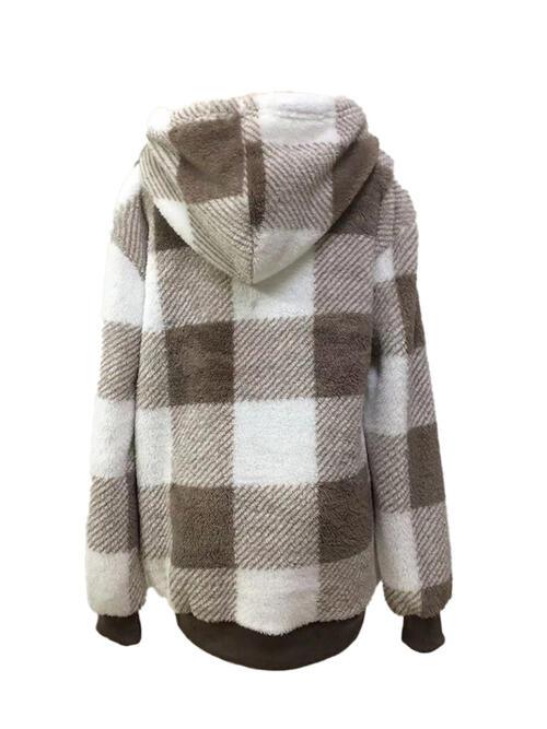 Plaid Half Zip Drawstring Hoodie - Olive Ave