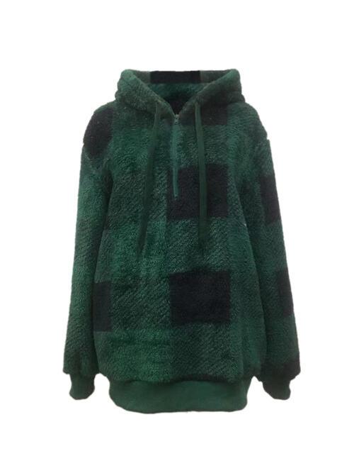 Plaid Half Zip Drawstring Hoodie - Olive Ave