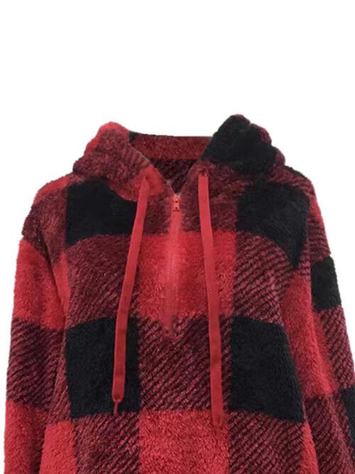 Plaid Half Zip Drawstring Hoodie - Olive Ave