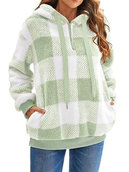 Plaid Half Zip Drawstring Hoodie - Olive Ave