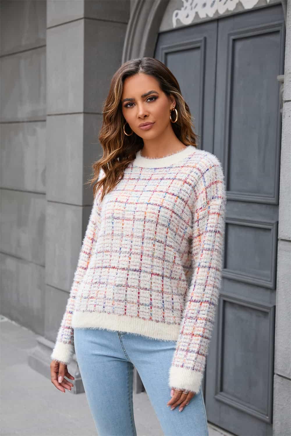 Plaid Long Sleeve Pullover Sweater - Olive Ave