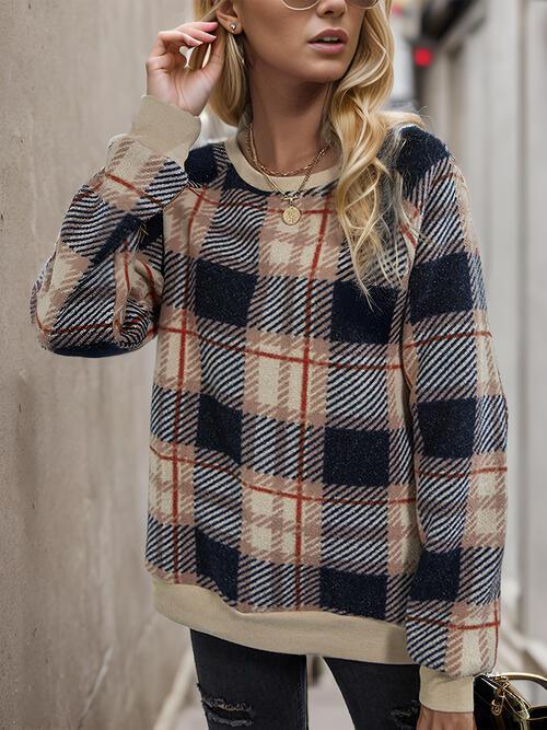 Plaid Long Sleeve Sweatshirt - Olive Ave