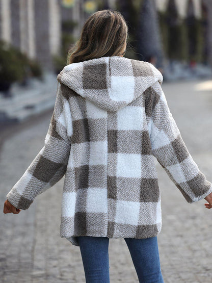 Plaid Open Front Hooded Coat - Olive Ave