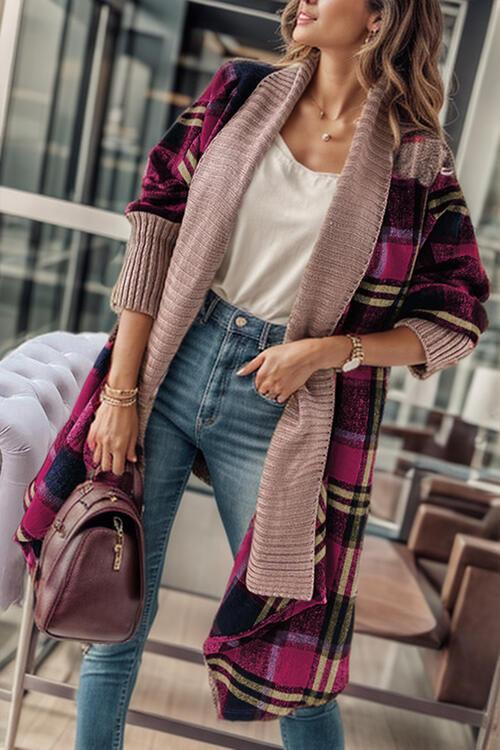 Plaid Open Front Long Sleeve Cardigan - Olive Ave