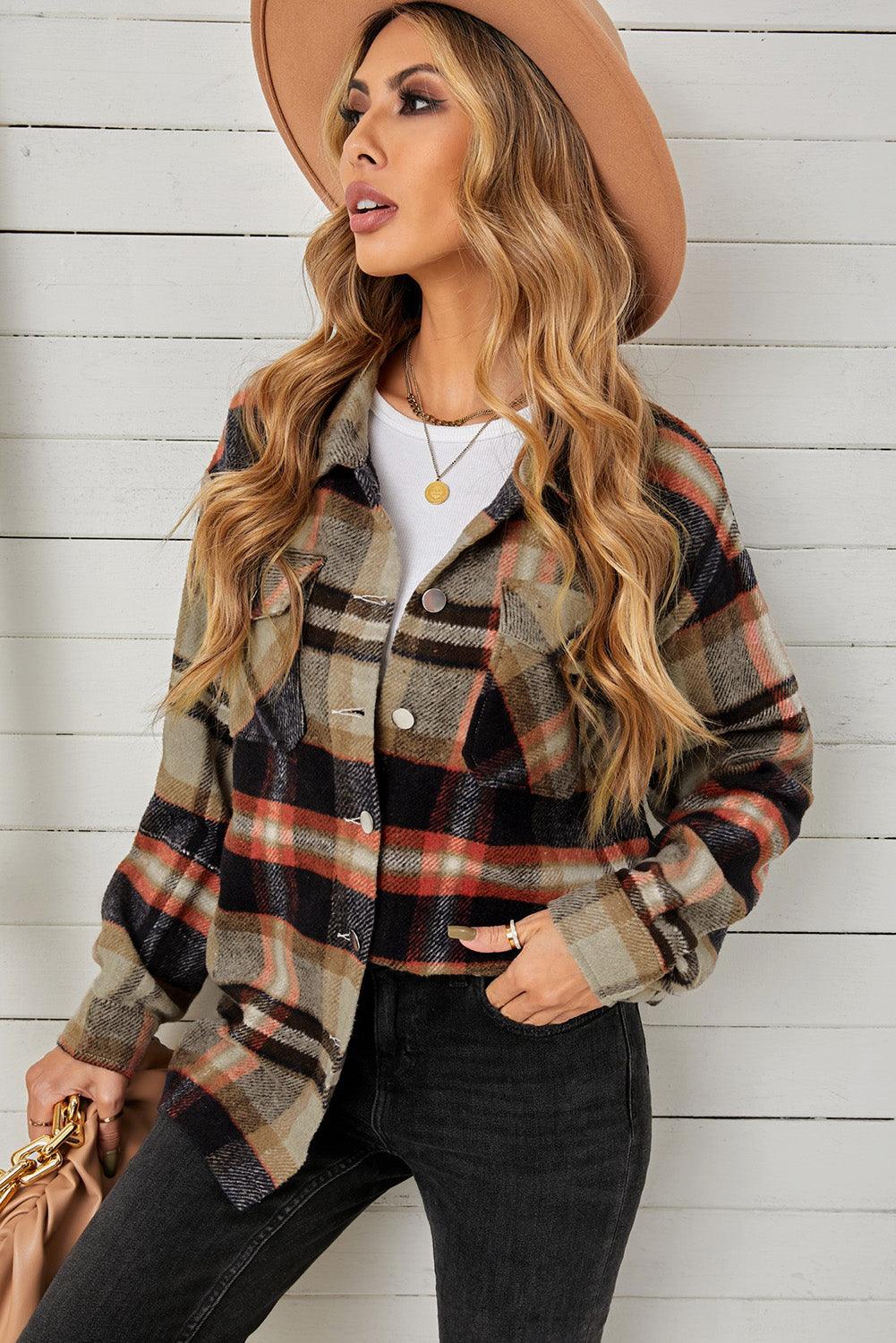 Plaid Pocketed Button Down Shacket - Olive Ave