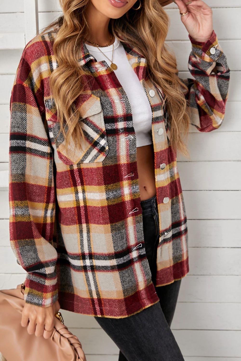 Plaid Pocketed Button Down Shacket - Olive Ave