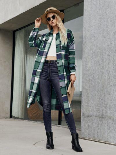 Plaid Pocketed Button Up Trench Coat in 4 Colors - Olive Ave