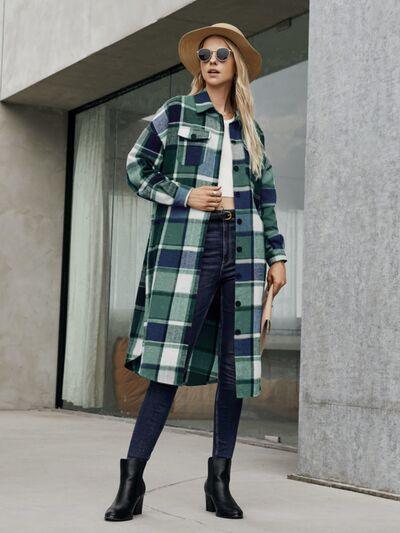Plaid Pocketed Button Up Trench Coat in 4 Colors - Olive Ave
