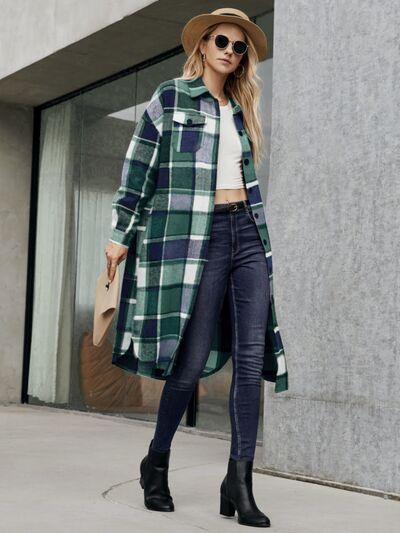 Plaid Pocketed Button Up Trench Coat in 4 Colors - Olive Ave