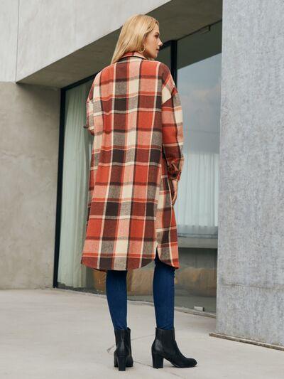 Plaid Pocketed Button Up Trench Coat in 4 Colors - Olive Ave