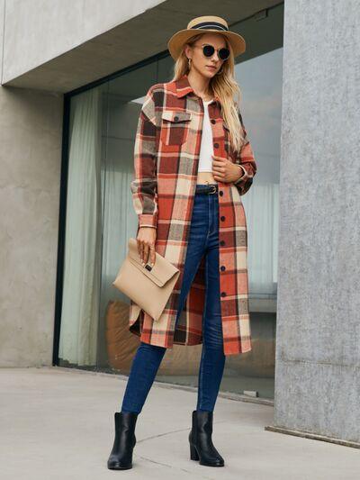 Plaid Pocketed Button Up Trench Coat in 4 Colors - Olive Ave