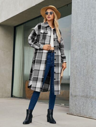 Plaid Pocketed Button Up Trench Coat in 4 Colors - Olive Ave