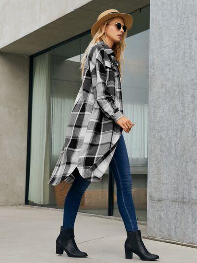 Plaid Pocketed Button Up Trench Coat in 4 Colors - Olive Ave