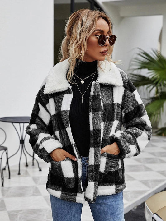Plaid Zip-Up Collared Jacket - Olive Ave
