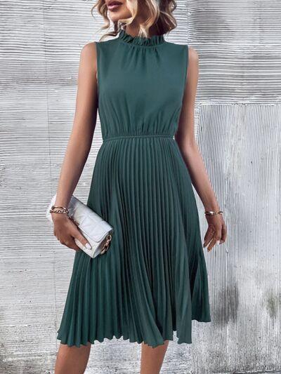 Pleated Mock Neck Sleeveless Dress - Olive Ave