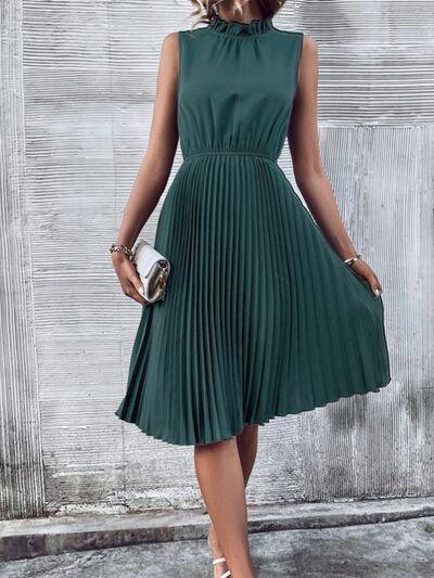 Pleated Mock Neck Sleeveless Dress - Olive Ave