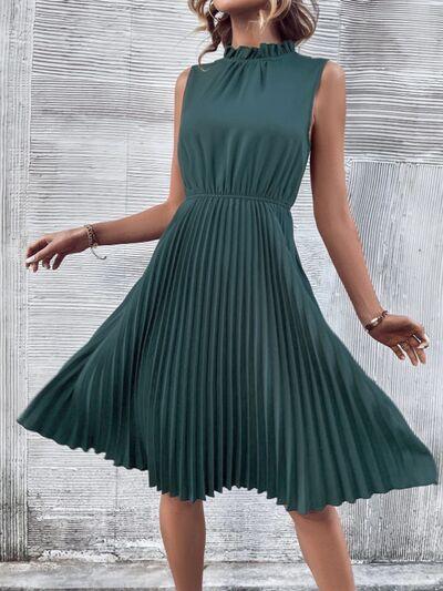 Pleated Mock Neck Sleeveless Dress - Olive Ave