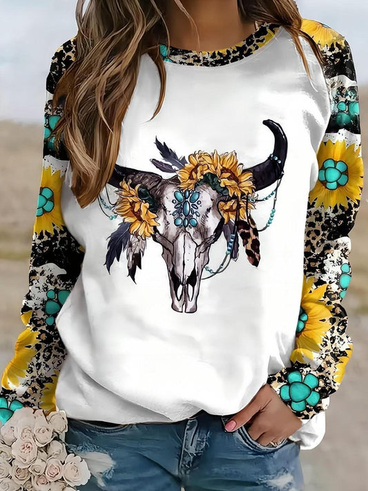 Plus Size Bull Skull and Sunflowers Sweatshirt - Olive Ave