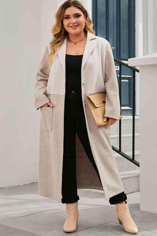 Plus Size Collared Buttoned Longline Coat - Olive Ave