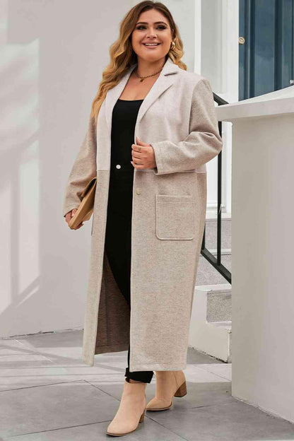 Plus Size Collared Buttoned Longline Coat - Olive Ave