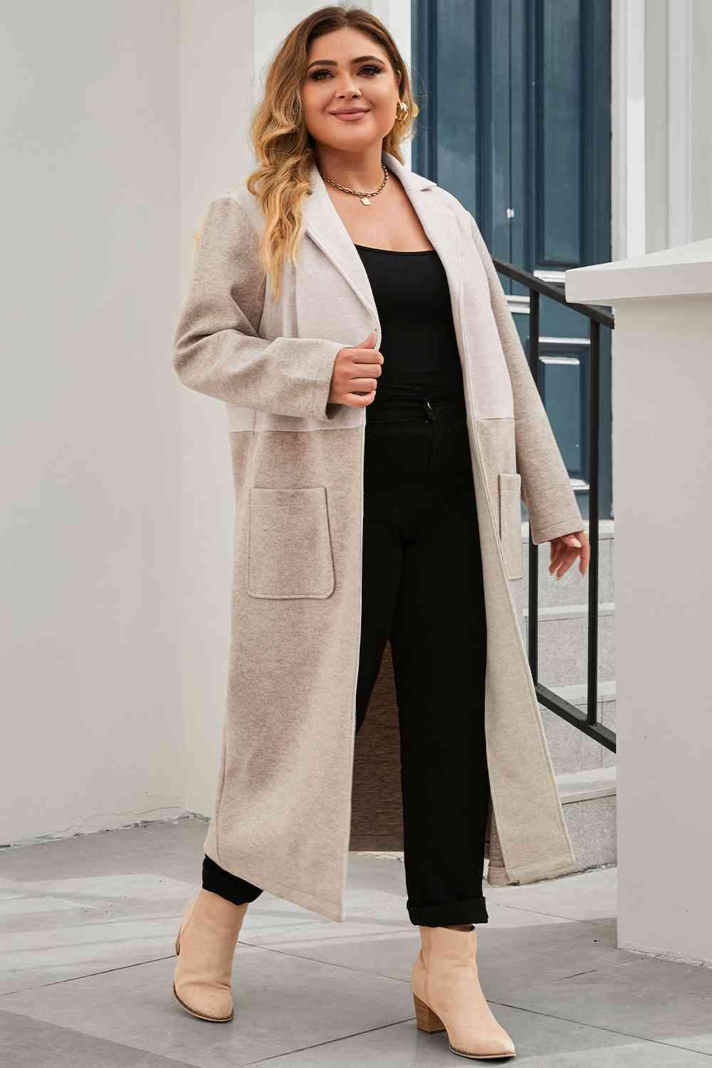Plus Size Collared Buttoned Longline Coat - Olive Ave